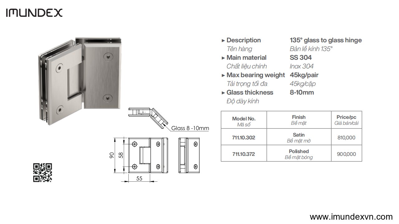 Bản lề kính 135 độ Imundex