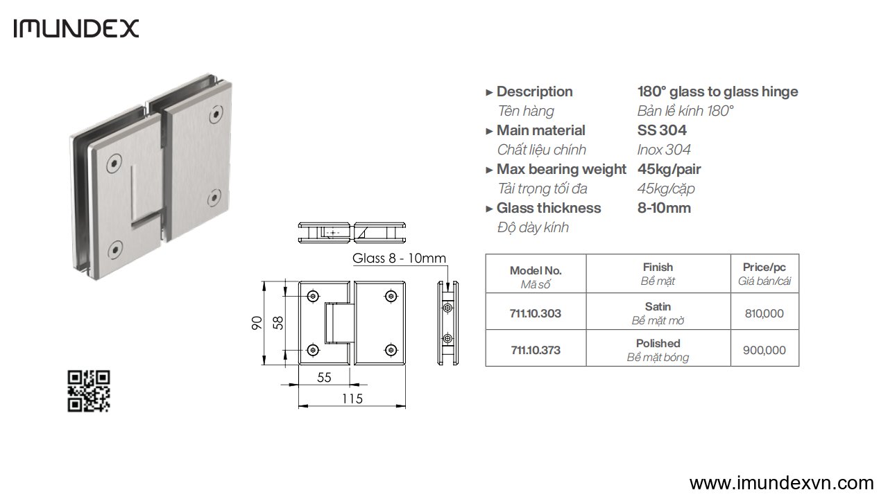 Bản lề kính 180 độ Imundex