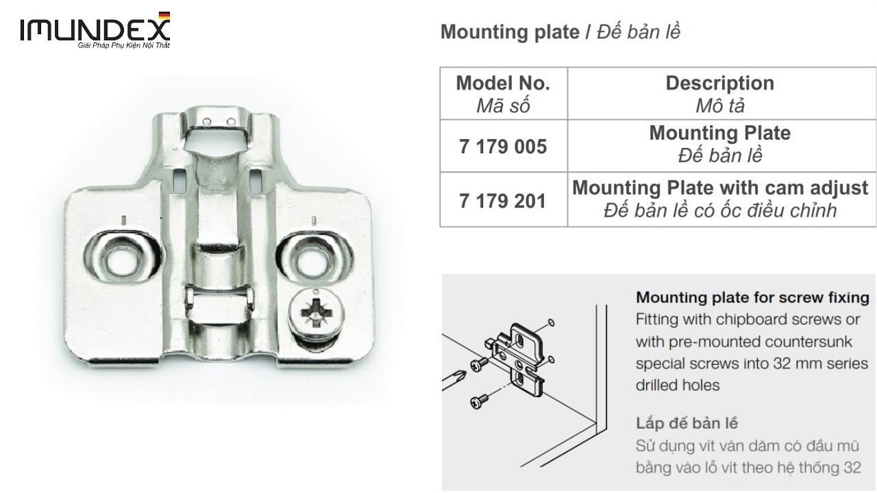 Đế Bản Lề Cài Có Ốc Điều Chỉnh Imundex 7179201