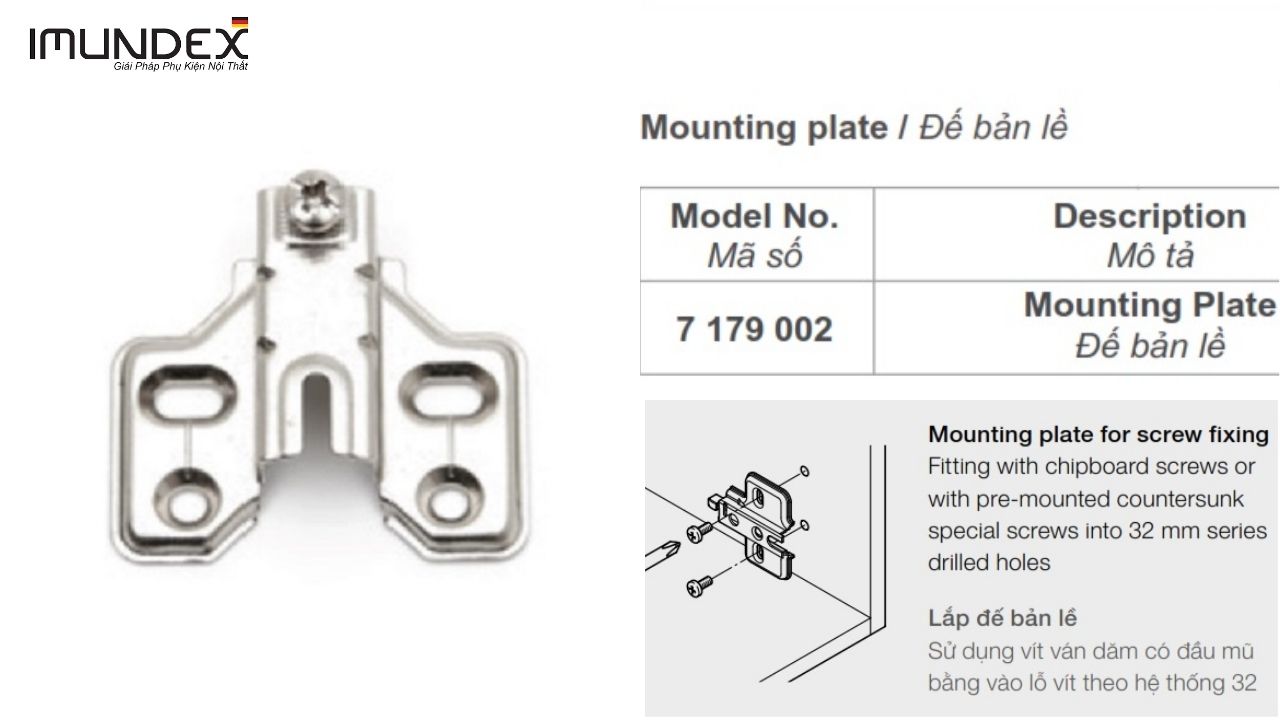Đế Bản Lề Trượt Giảm Chấn Thép Imundex 7179002