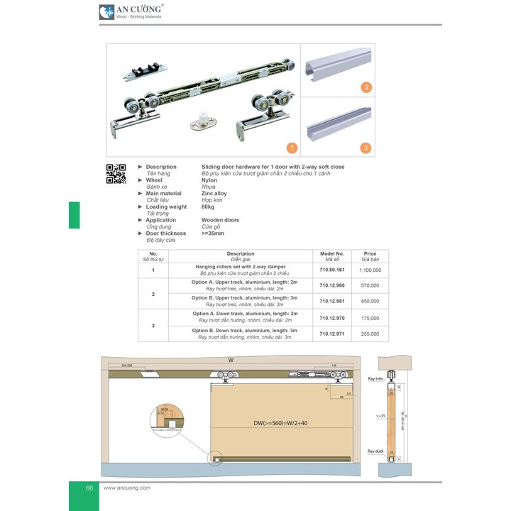 Thông số kỹ thuật bộ phụ kiện cửa trượt gỗ 80kg có giảm chấn 2 chiều Imundex 710.80.161