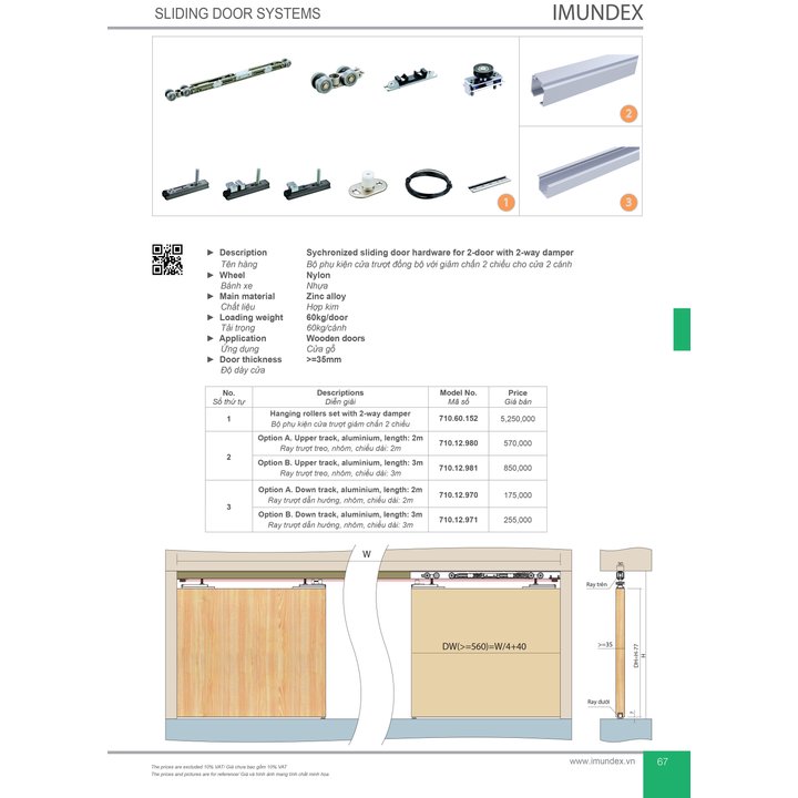 Thông số kỹ thuật bộ phụ kiện cửa trượt gỗ cho 2 cánh đối diện chạy đồng bộ Imundex 710.60.152