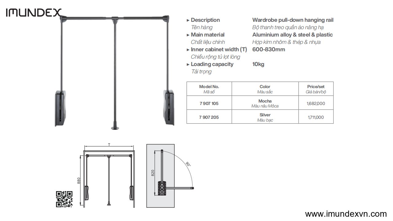 Bộ thanh treo quần áo nâng hạ Imundex