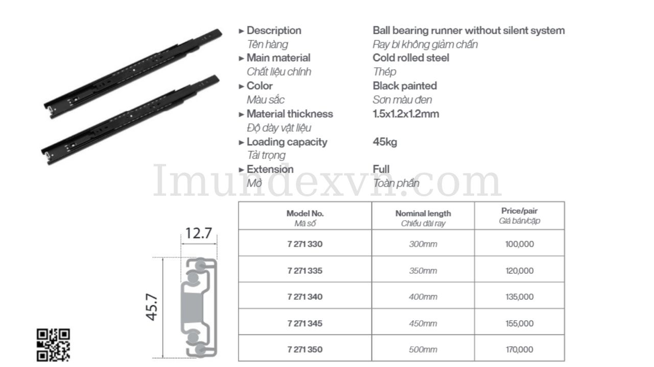Các mã sản phẩm ray bi không giảm chấn Imundex 1.5 x 1.2 x 1.2mm