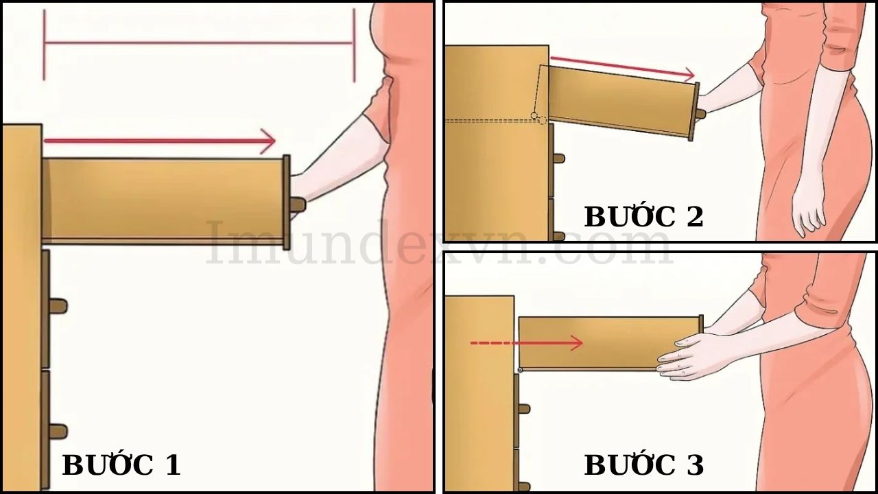 Cách tháo ngăn kéo sử dụng ray trượt bánh xe