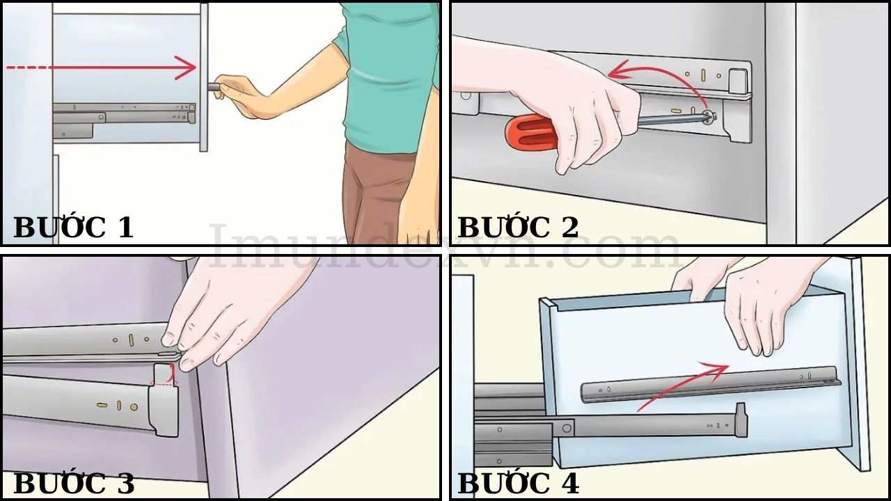 Cách tháo ngăn kéo tủ bếp bắt vít cố định