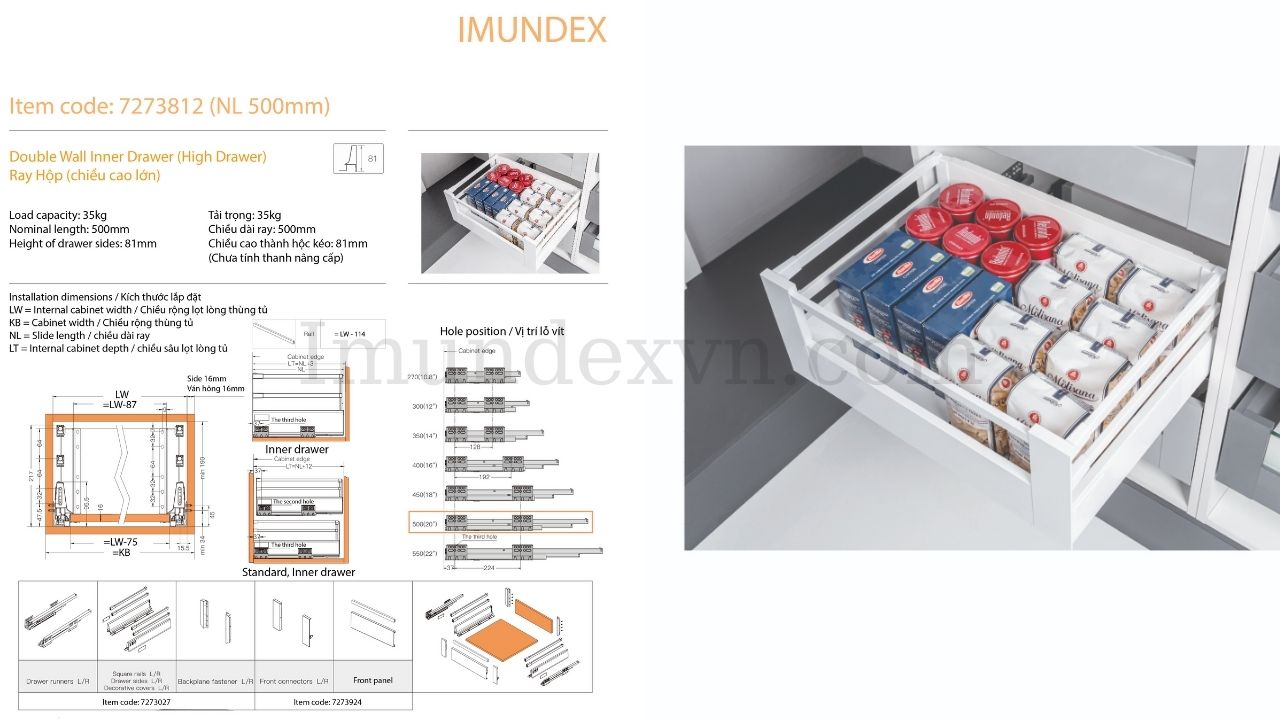 Ray hộp âm DWD-I80 series (chiều cao lớn) Imundex 7273812 